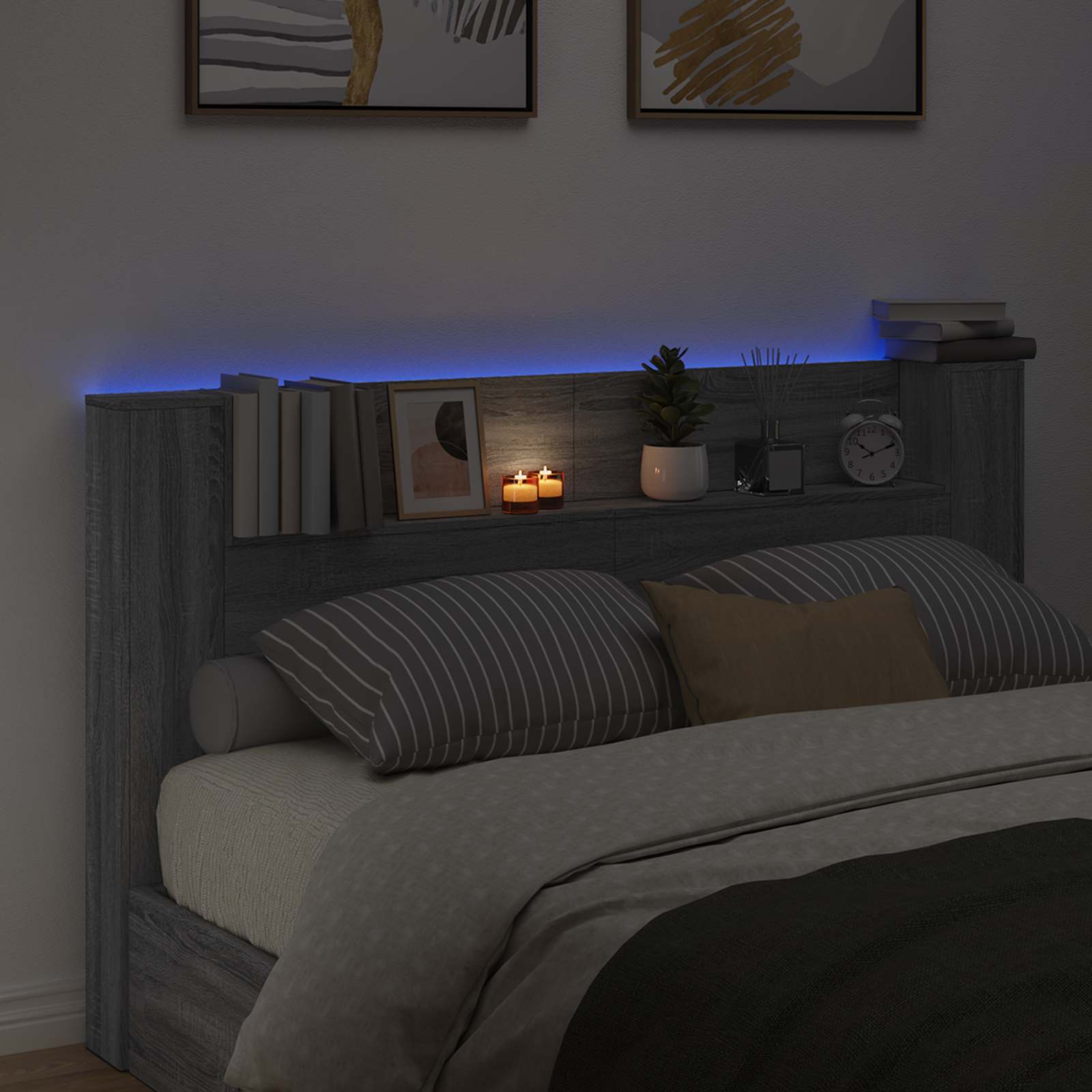 Stauraum Kopfteil mit LED Sonoma-Grau Holzwerkstoff