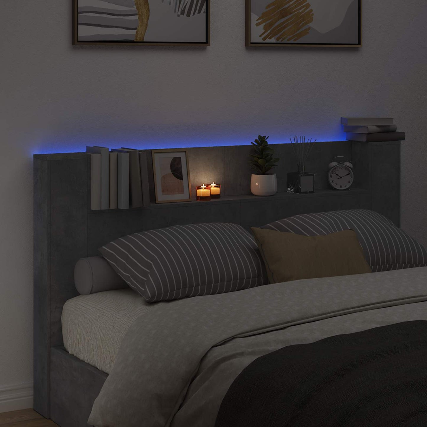Stauraum Kopfteil mit LED Betongrau Holzwerkstoff