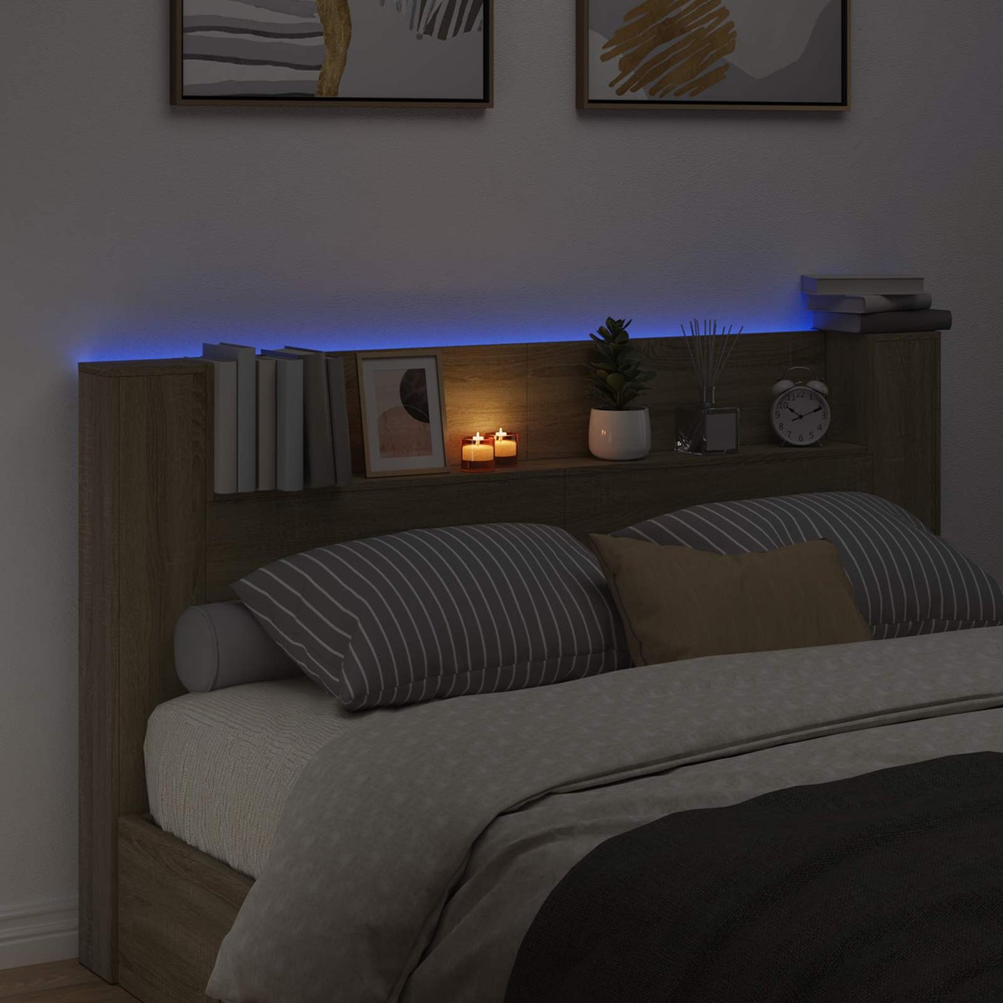 Stauraum Kopfteil mit LED Sonoma-Eiche Holzwerkstoff