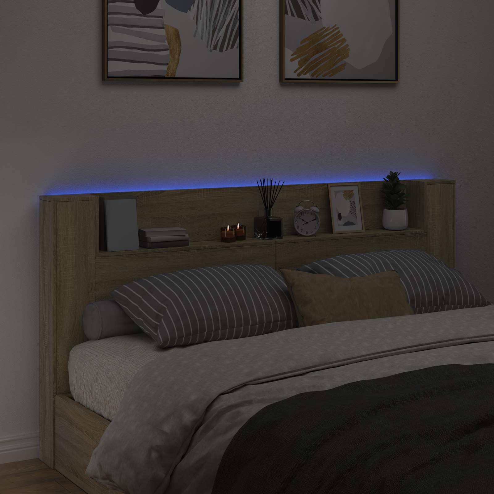 Stauraum Kopfteil mit LED Sonoma-Eiche Holzwerkstoff