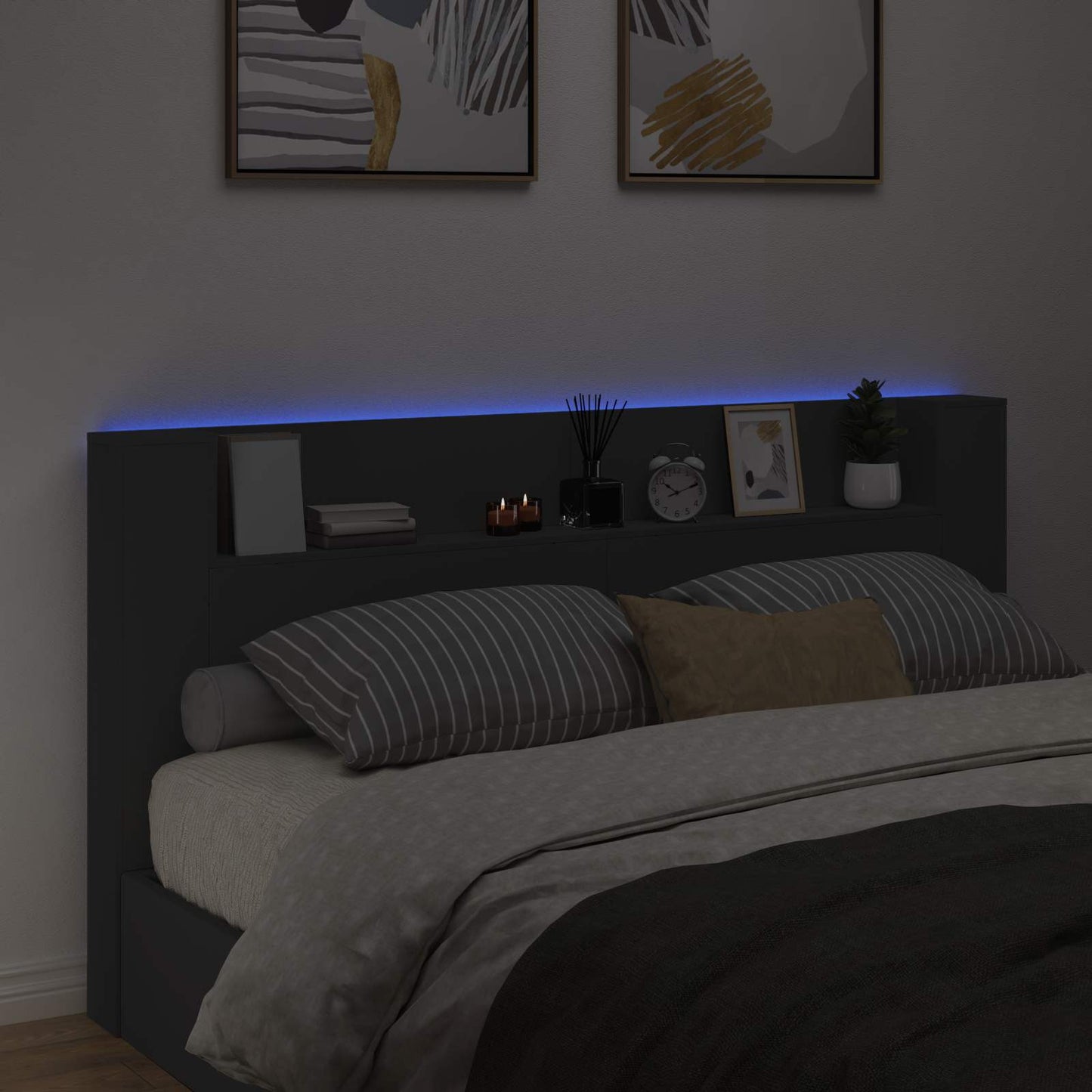 Stauraum Kopfteil mit LED Schwarz Holzwerkstoff