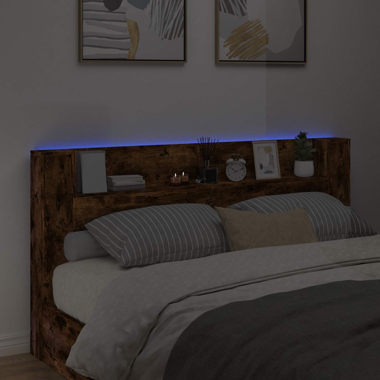 Stauraum Kopfteil mit LED Raucheiche Holzwerkstoff