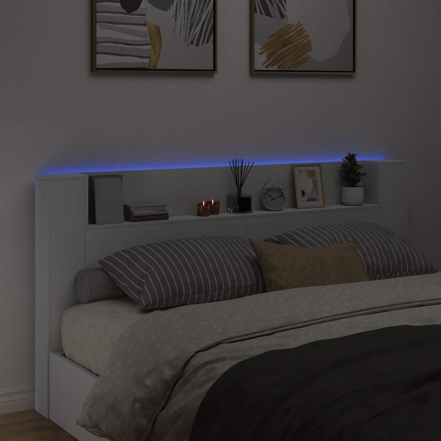 Stauraum Kopfteil mit LED Weiß Holzwerkstoff