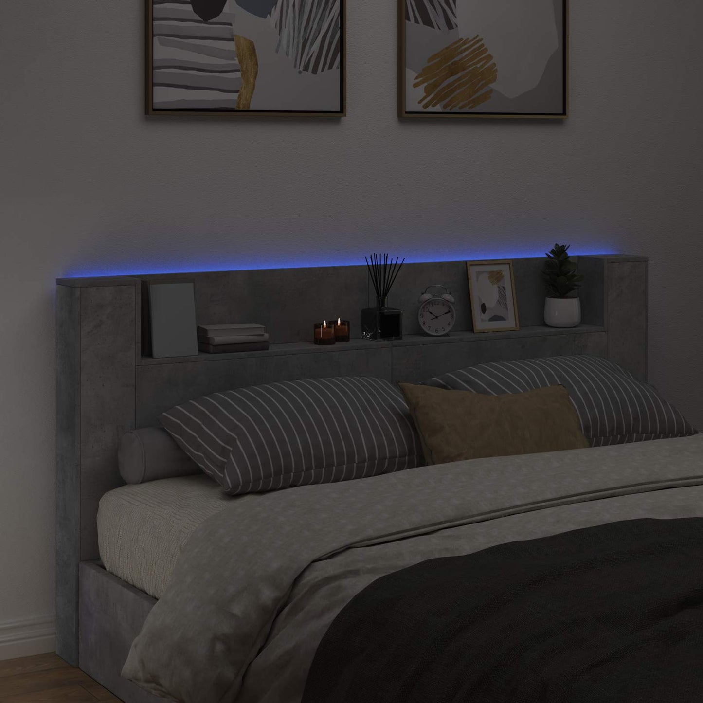 Stauraum Kopfteil mit LED Betongrau Holzwerkstoff