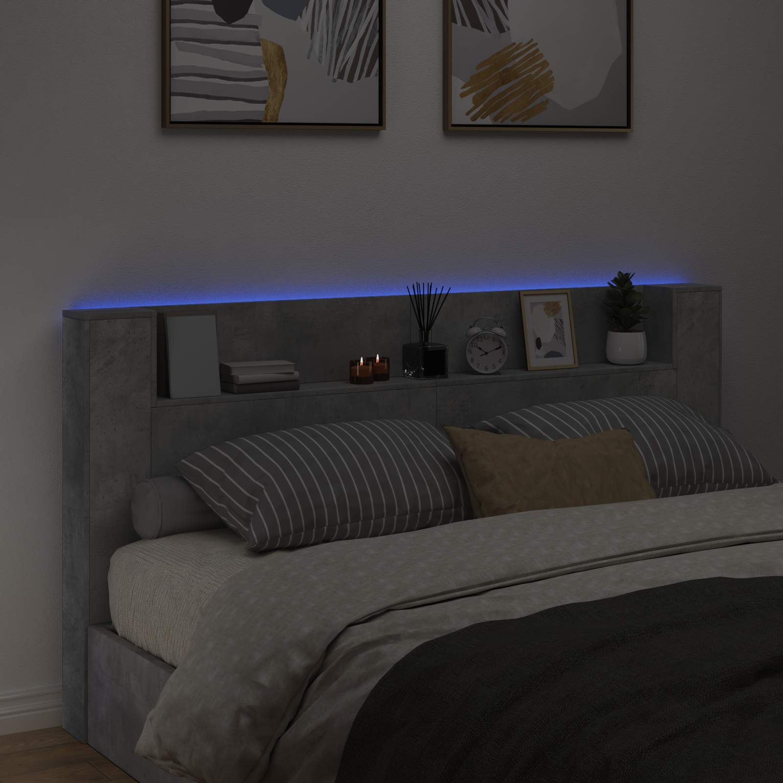 Stauraum Kopfteil mit LED Betongrau Holzwerkstoff