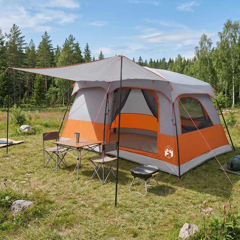 Familienzelt 10 Personen Grau und Orange Polyester und Stahl
