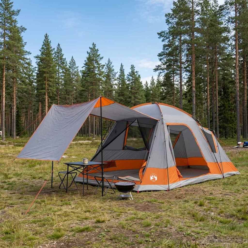 Hütten-Zelt Grau und Orange 12-Personen Polyester und Stahl