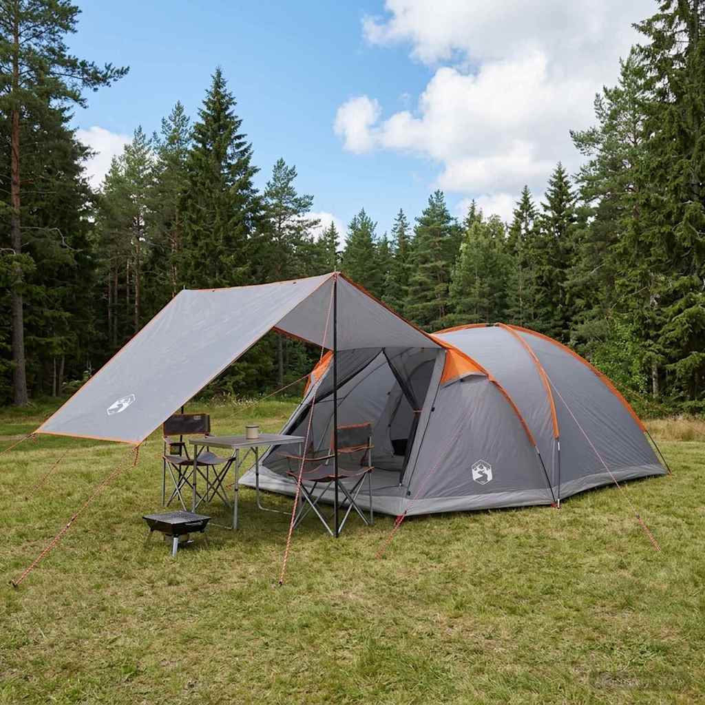 Hütten-Zelt Grau und Orange 8-Personen Polyester und Stahl
