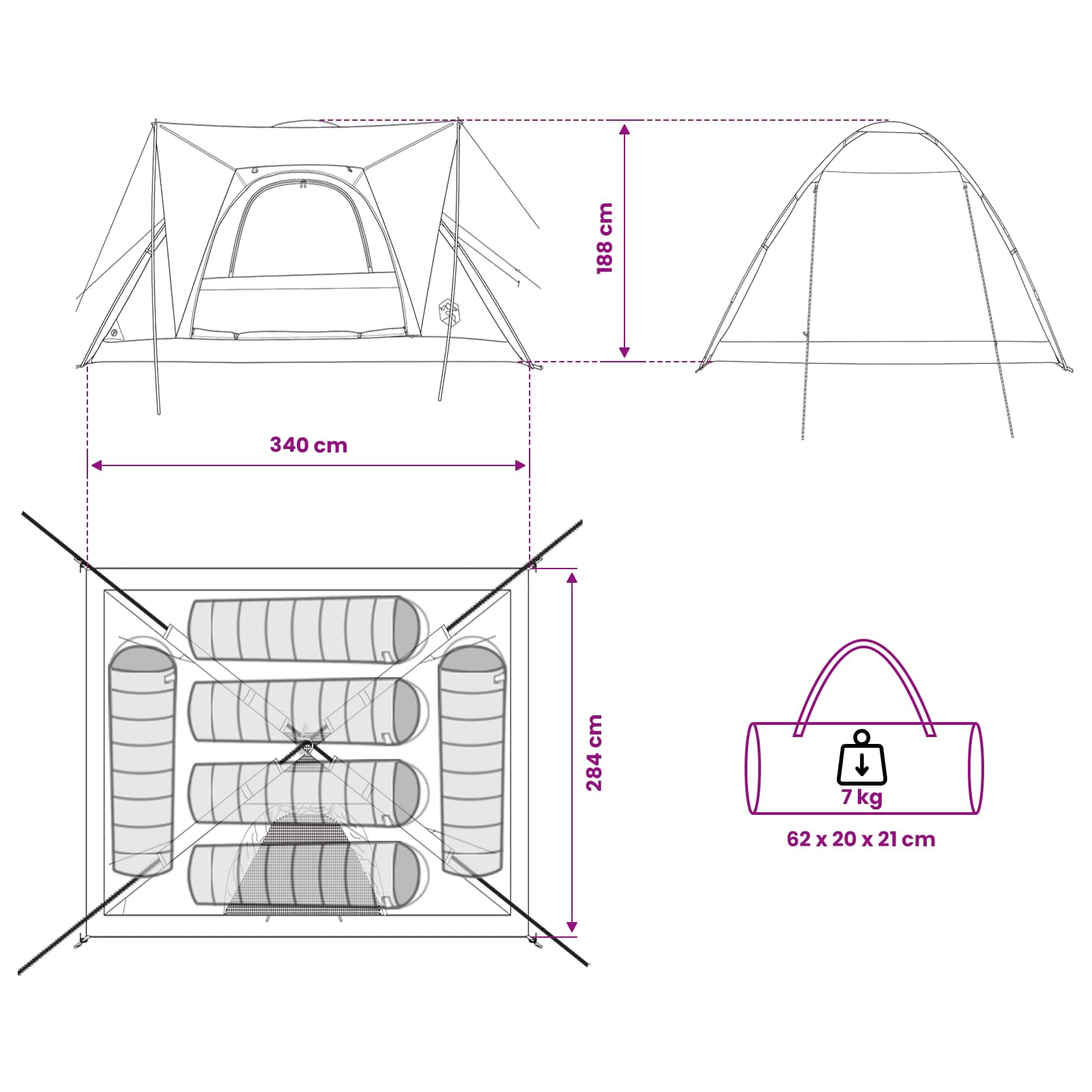 Campingzelt 6 Personen Olivegrün Polyester und Stahl