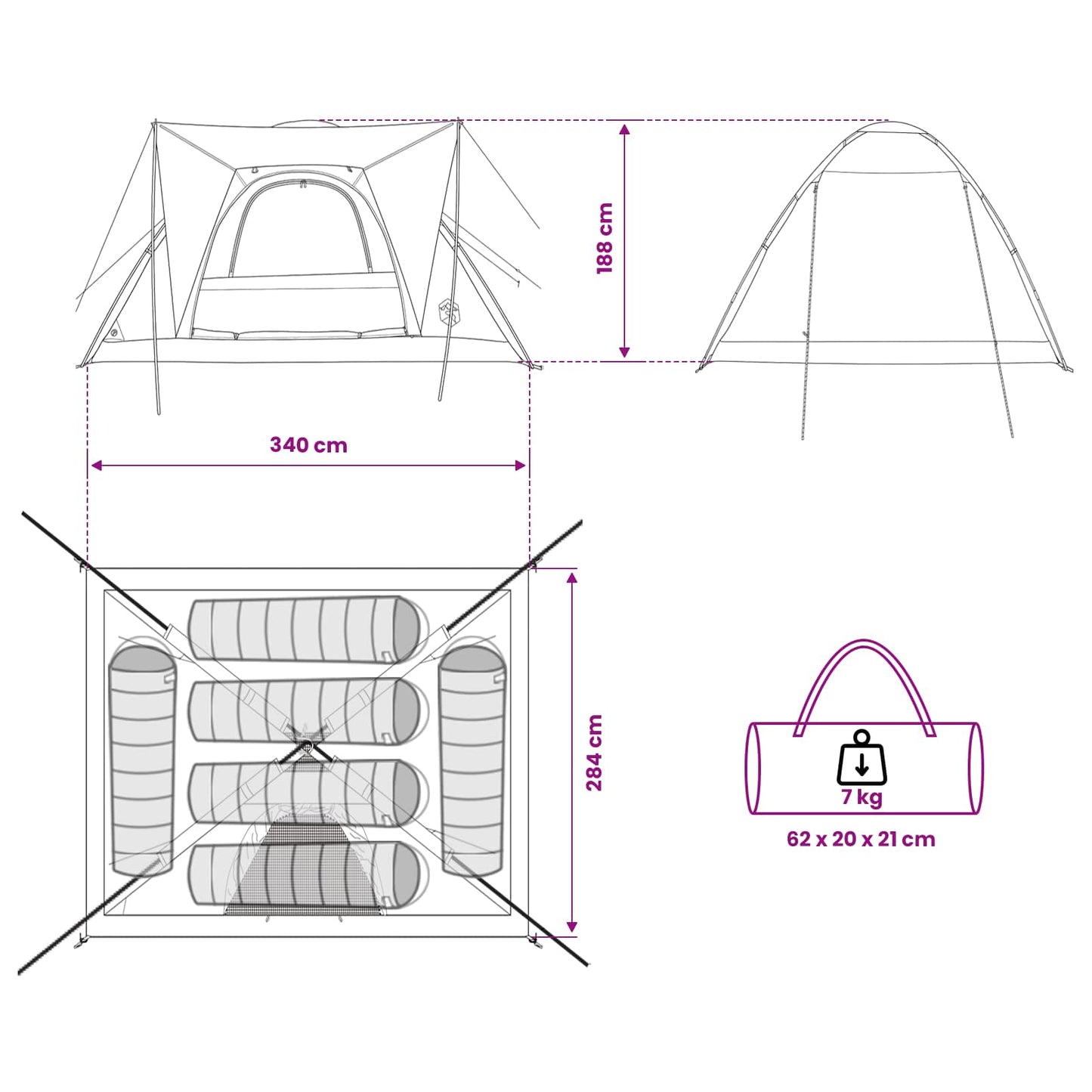 Campingzelt 6 Personen Weiß Blackout Polyester und Stahl