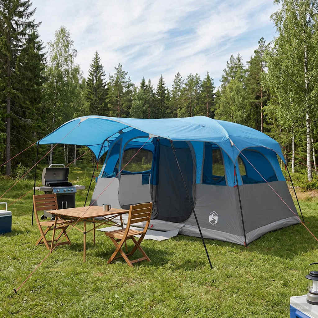 Tunnelzelt 10 Personen Blau Polyester und Stahl
