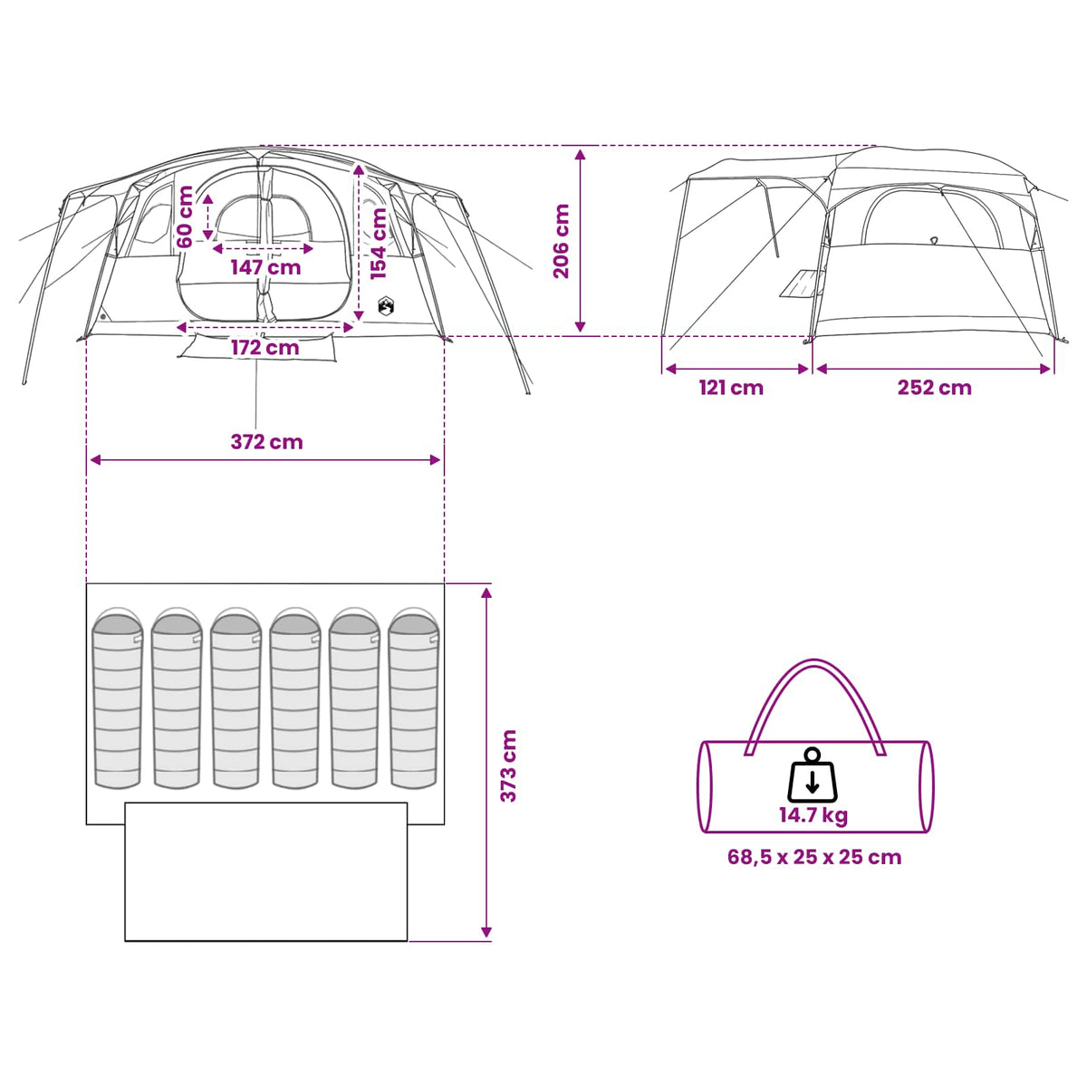 Tunnelzelt 6 Personen Grau und Orange Polyester und Stahl
