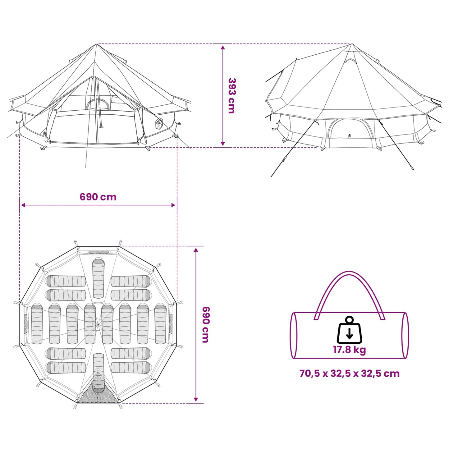 Tipi Zelt 18 Personen Olivegrün Polyester und Stahl