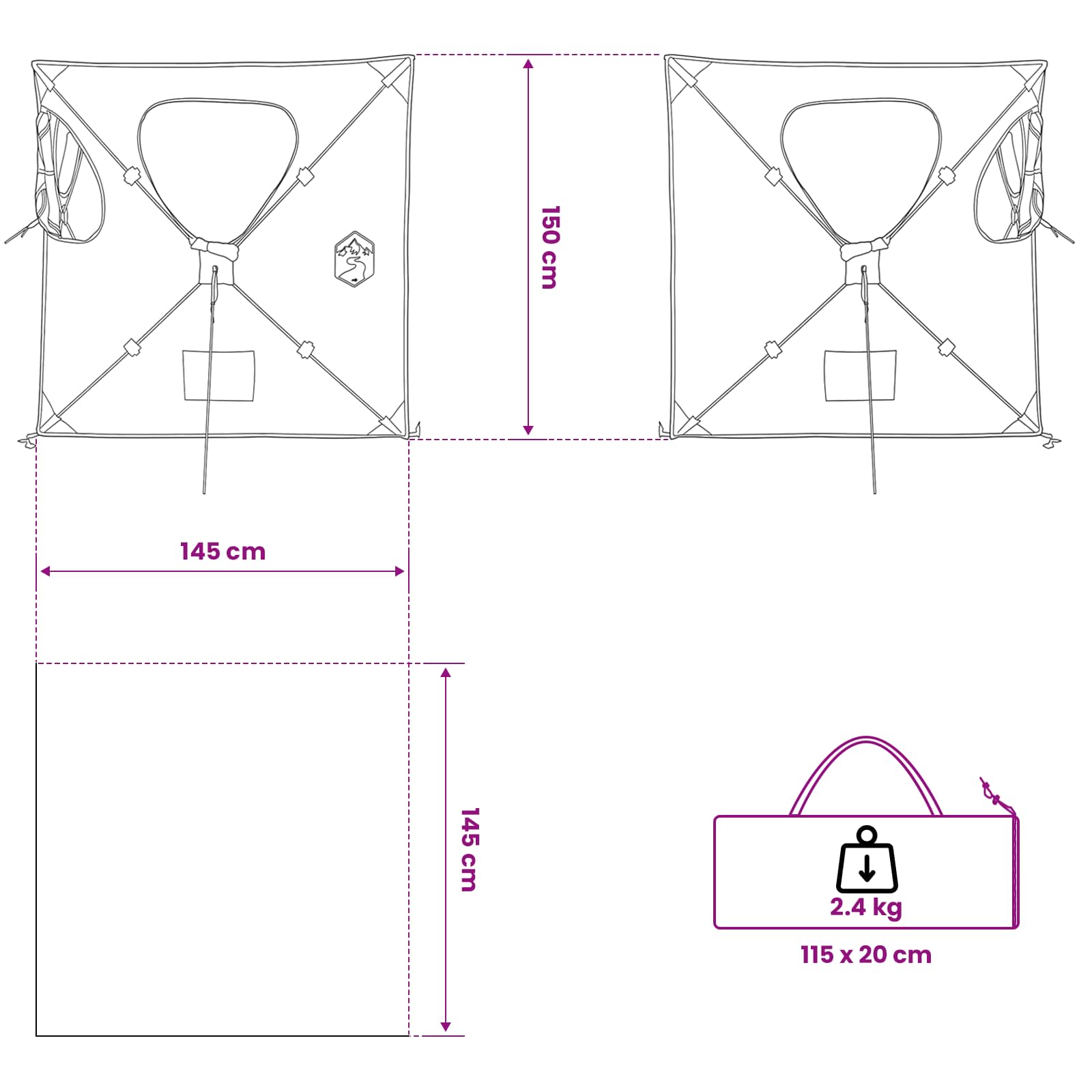 Huntingzelt 145 x 145 x 150 cm Weiß Blackout
