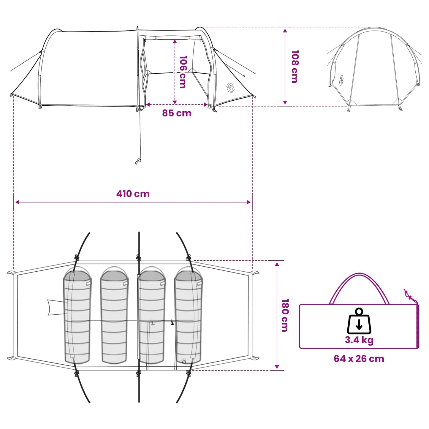 Tunnelzelt 410 x 175 x 105 cm Olivgrün Polyester und Stahl
