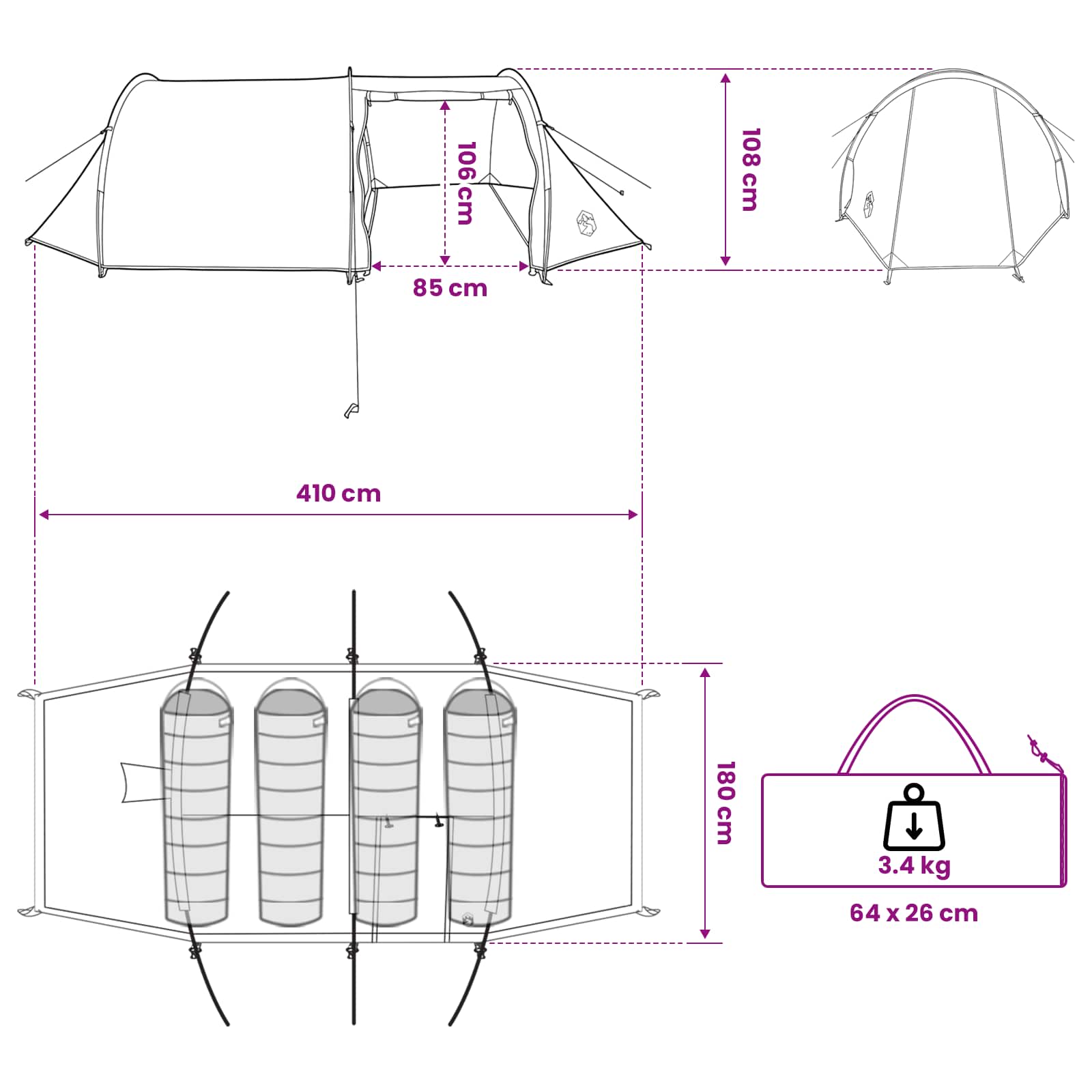 Tunnelzelt 410 x 175 x 105 cm Olivgrün Polyester und Stahl