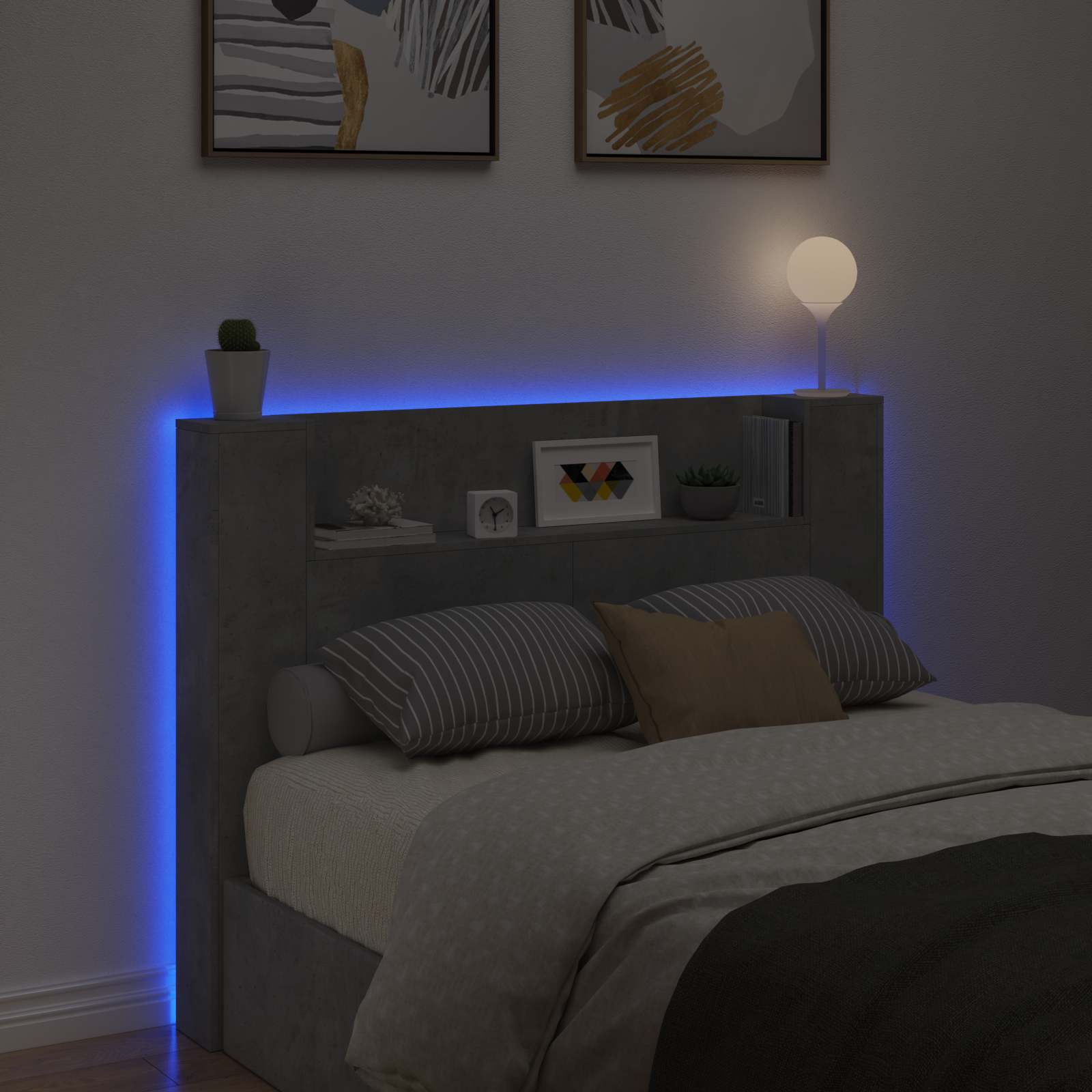 Kopfteil-Schrank mit LED Beton Holzwerkstoff