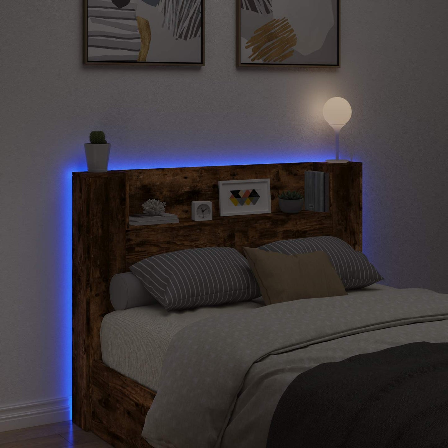Kopfteil-Schrank mit LED Geräucherte Eiche Holzwerkstoff