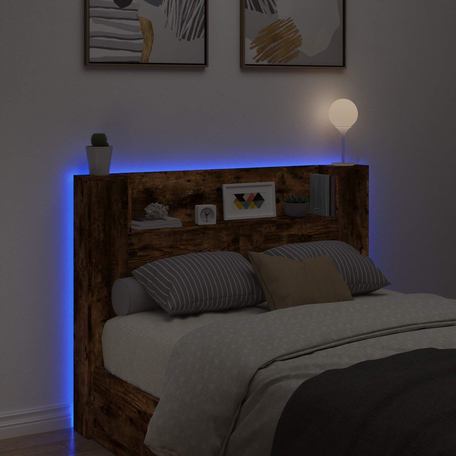 Kopfteil-Schrank mit LED Geräucherte Eiche Holzwerkstoff