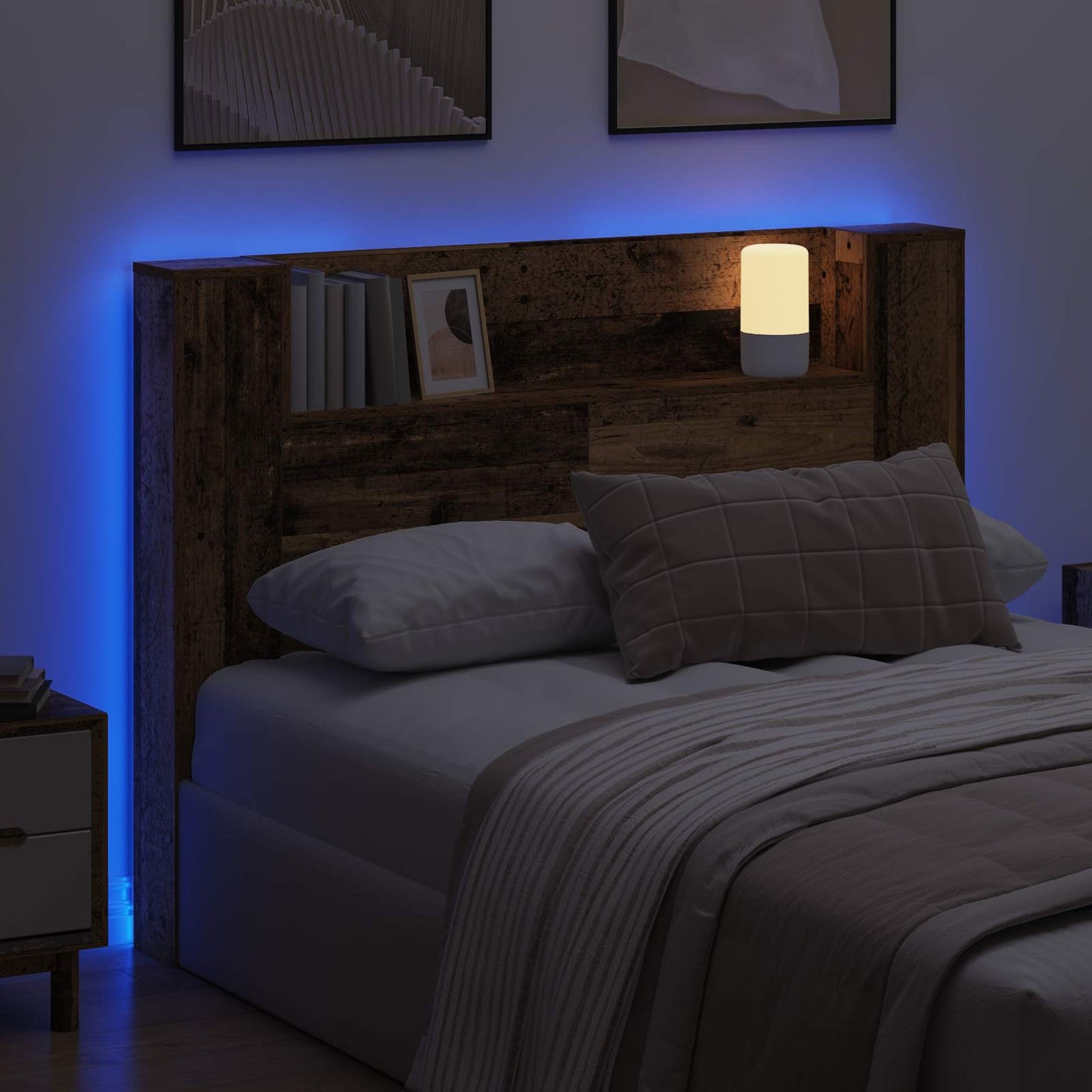 Kopfteil-Schrank mit LED Altholz Holzwerkstoff