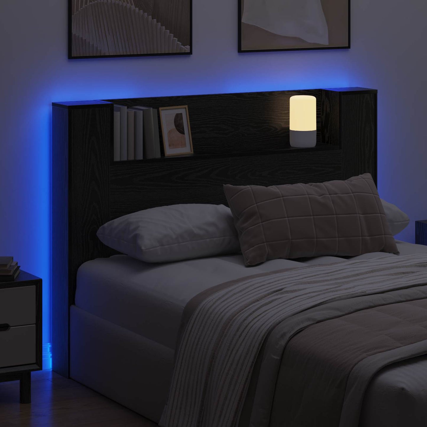 Kopfteil-Schrank mit LED Schwarze Eiche Holzwerkstoff