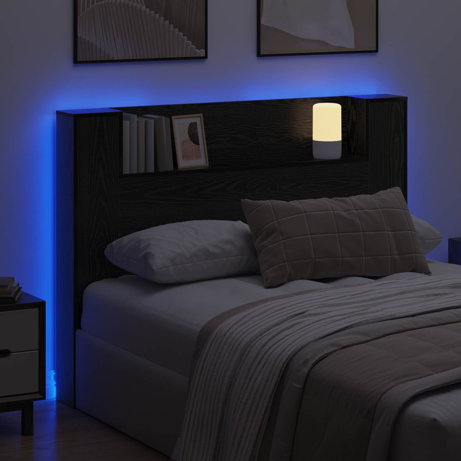 Kopfteil-Schrank mit LED Schwarze Eiche Holzwerkstoff