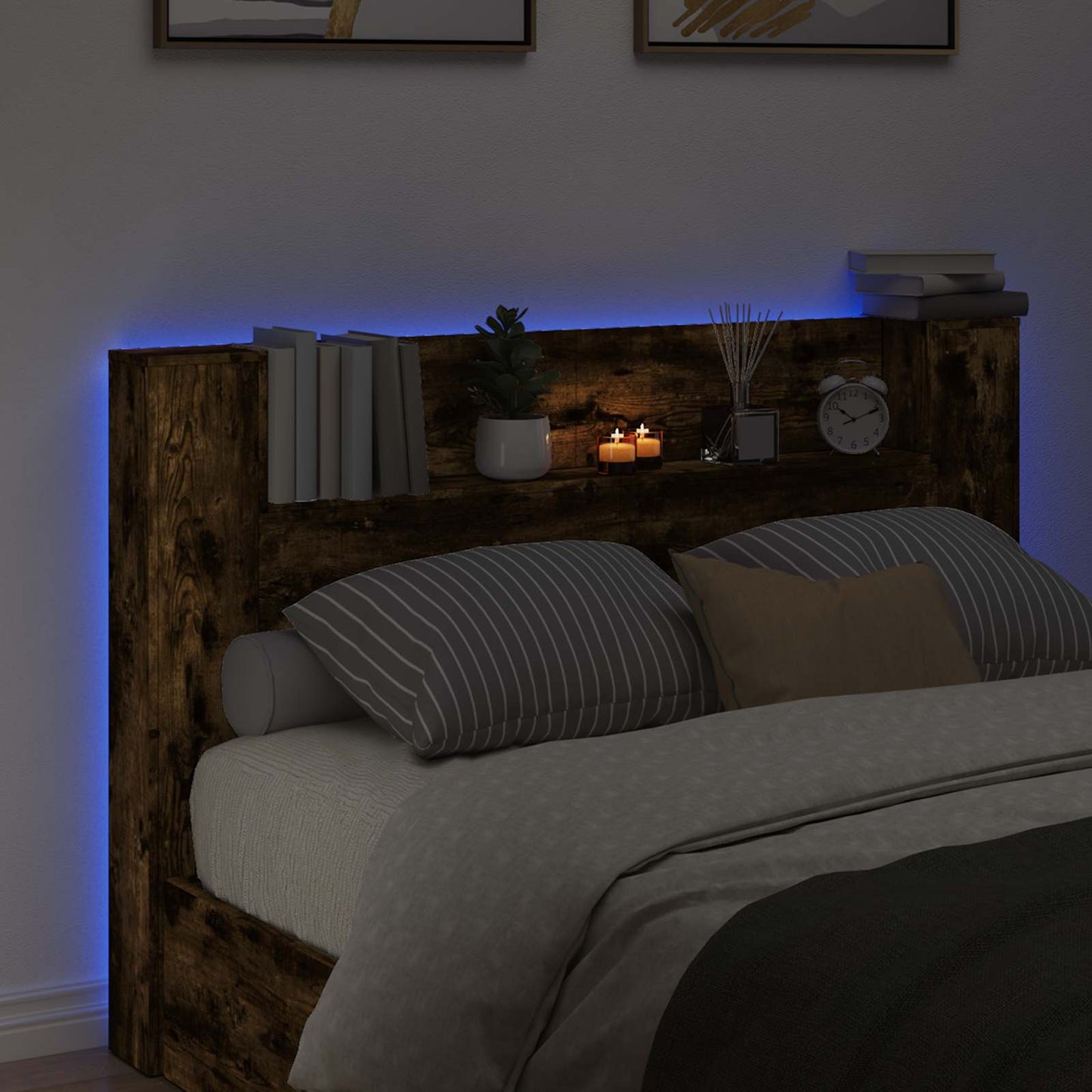 Kopfteil-Schrank mit LED Geräucherte Eiche Holzwerkstoff