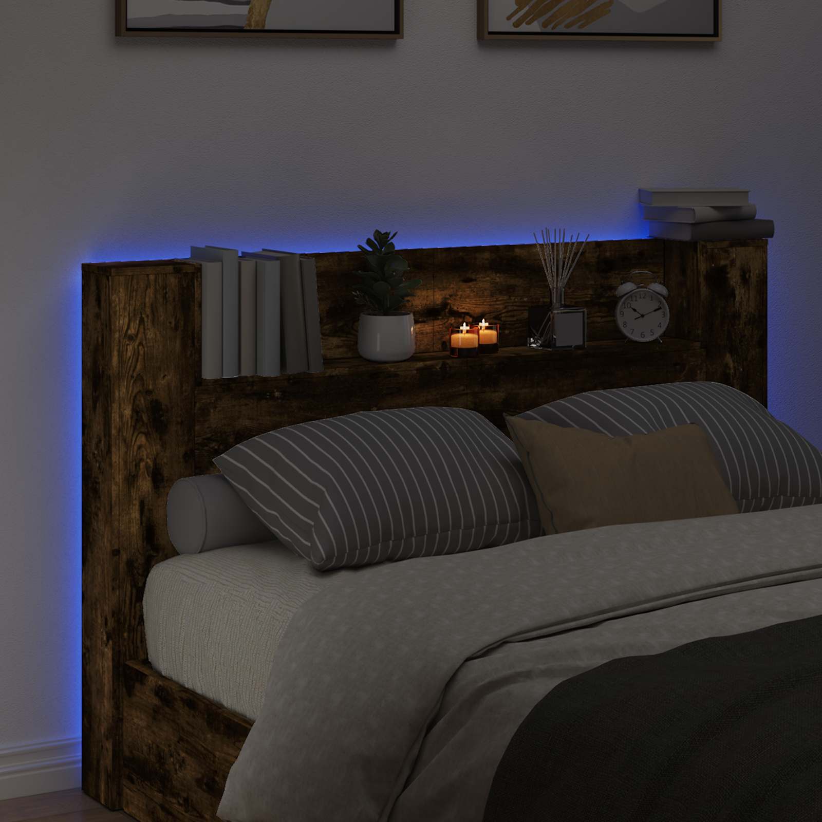 Kopfteil-Schrank mit LED Geräucherte Eiche Holzwerkstoff