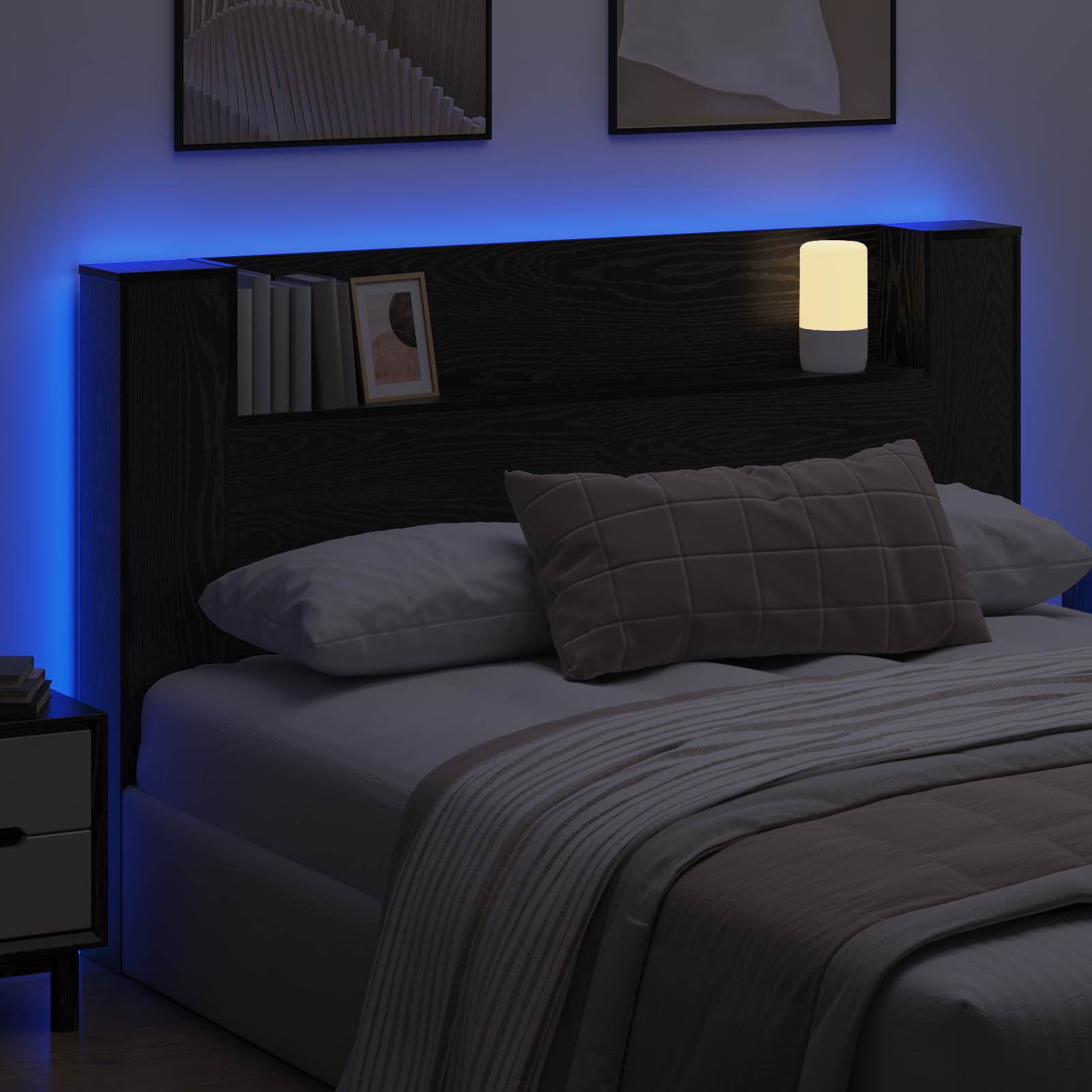 Kopfteil-Schrank mit LED Schwarze Eiche Holzwerkstoff