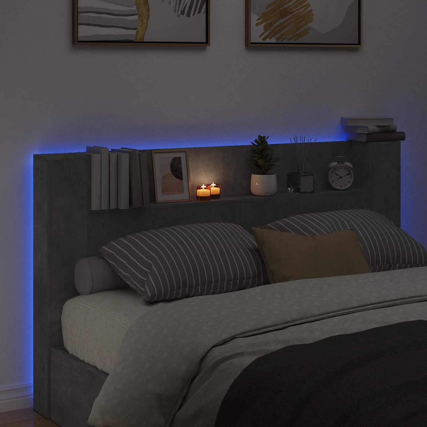 Kopfteil-Schrank mit LED Beton Holzwerkstoff
