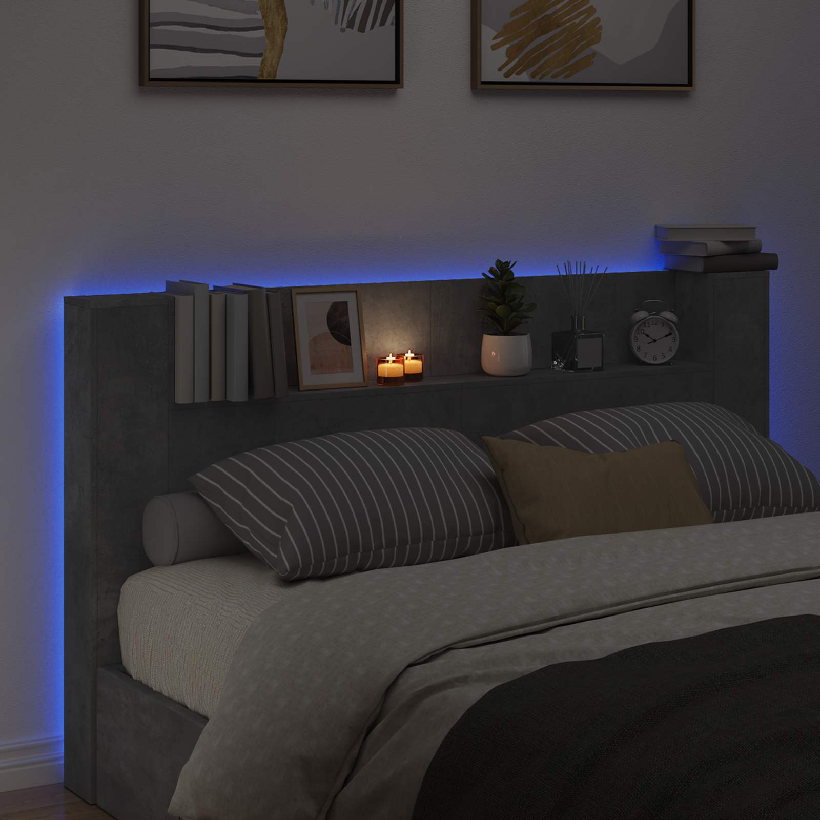Kopfteil-Schrank mit LED Beton Holzwerkstoff