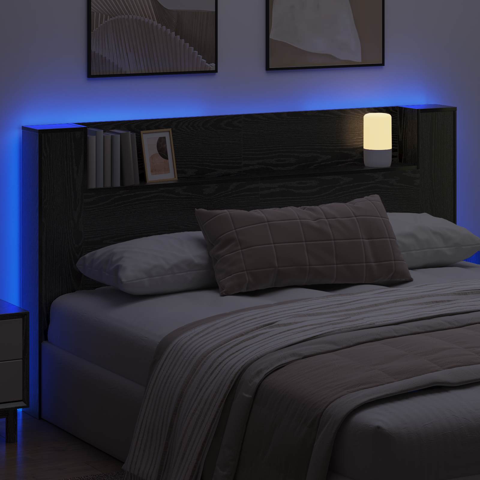 Kopfteil-Schrank mit LED Schwarze Eiche Holzwerkstoff