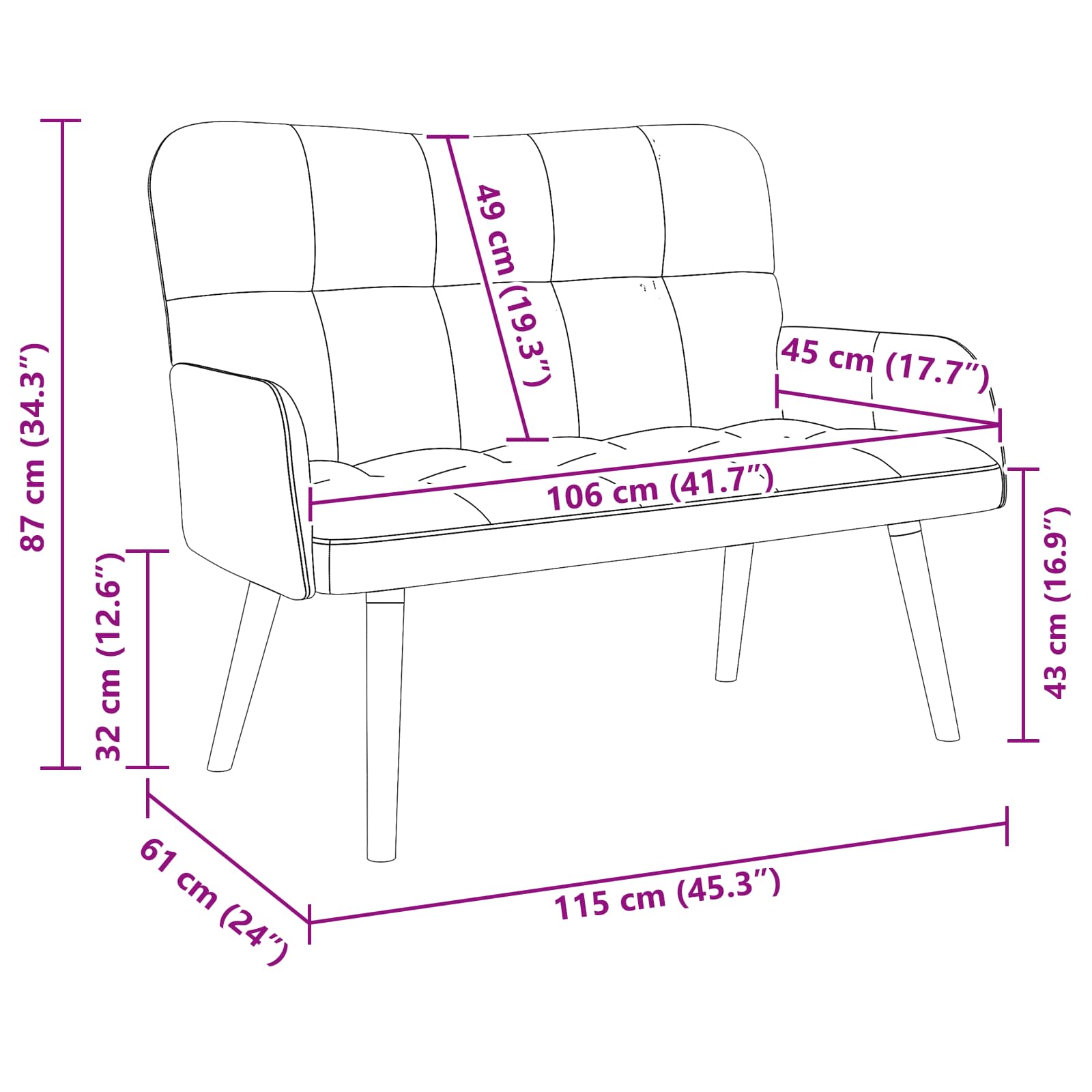 2-Sitzer Sofa Schwarz 115 x 61 x 87 cm Samt