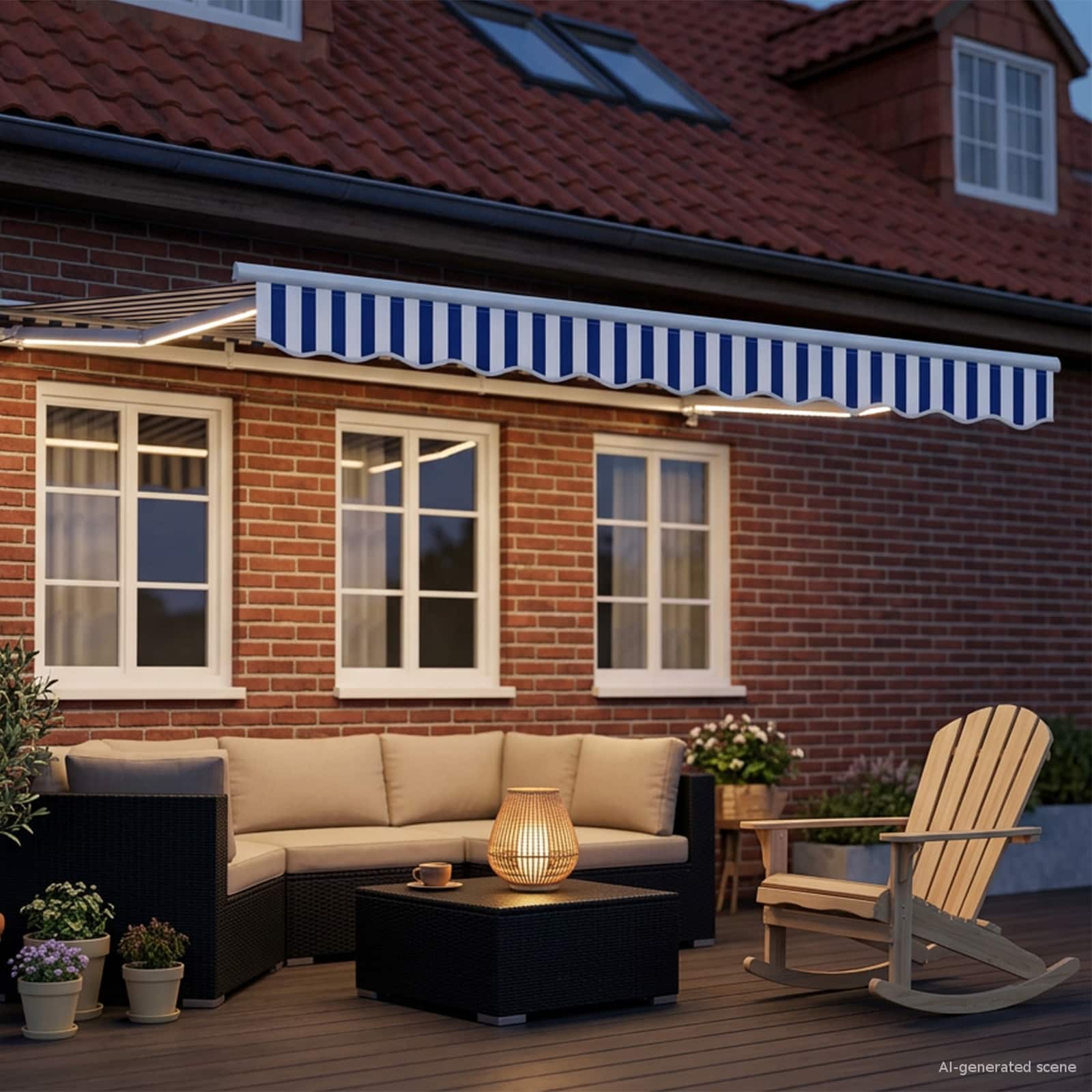 Manueller Markisenrahmen mit LEDs Blau und Weiß 3,5 x 2,5 m