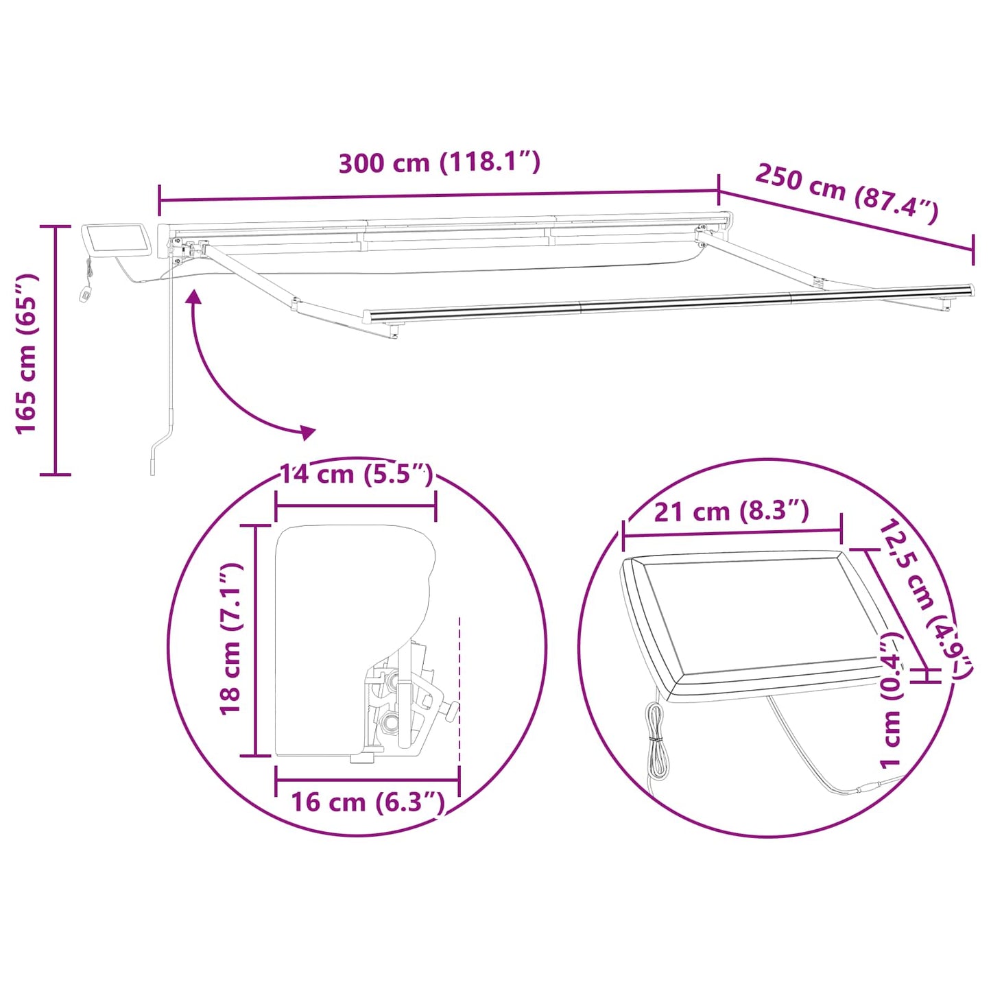 Manueller Markisenrahmen mit LEDs Anthrazit 3 x 2,5 m