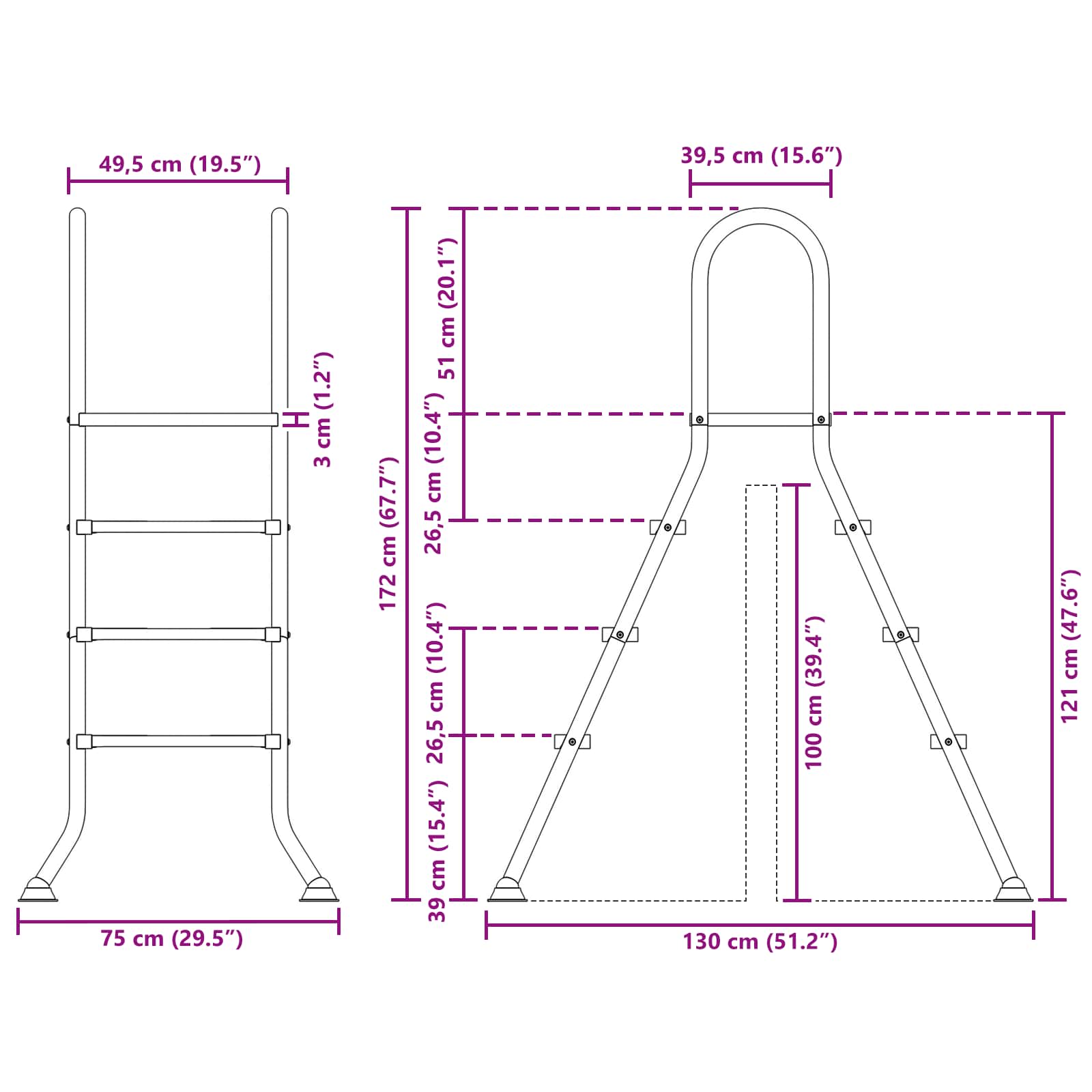 Leiter für Aufstellpools 100 cm 3-Step Edelstahl 304 Silber