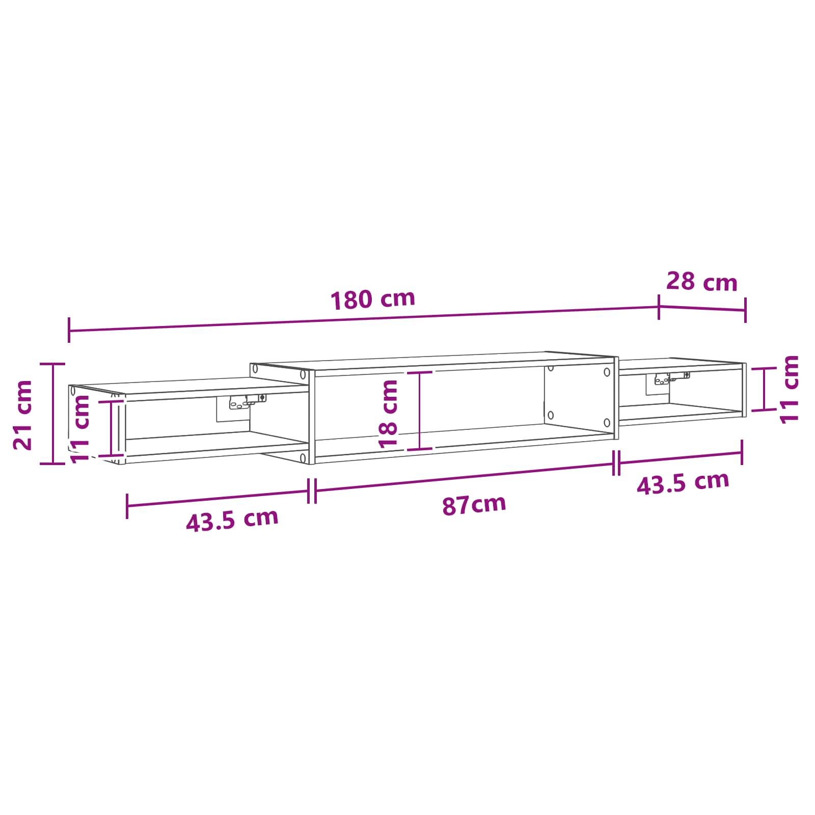 Wandmontierter TV-Schrank Wandhalterung Weiß 180 x 28 x 21 cm