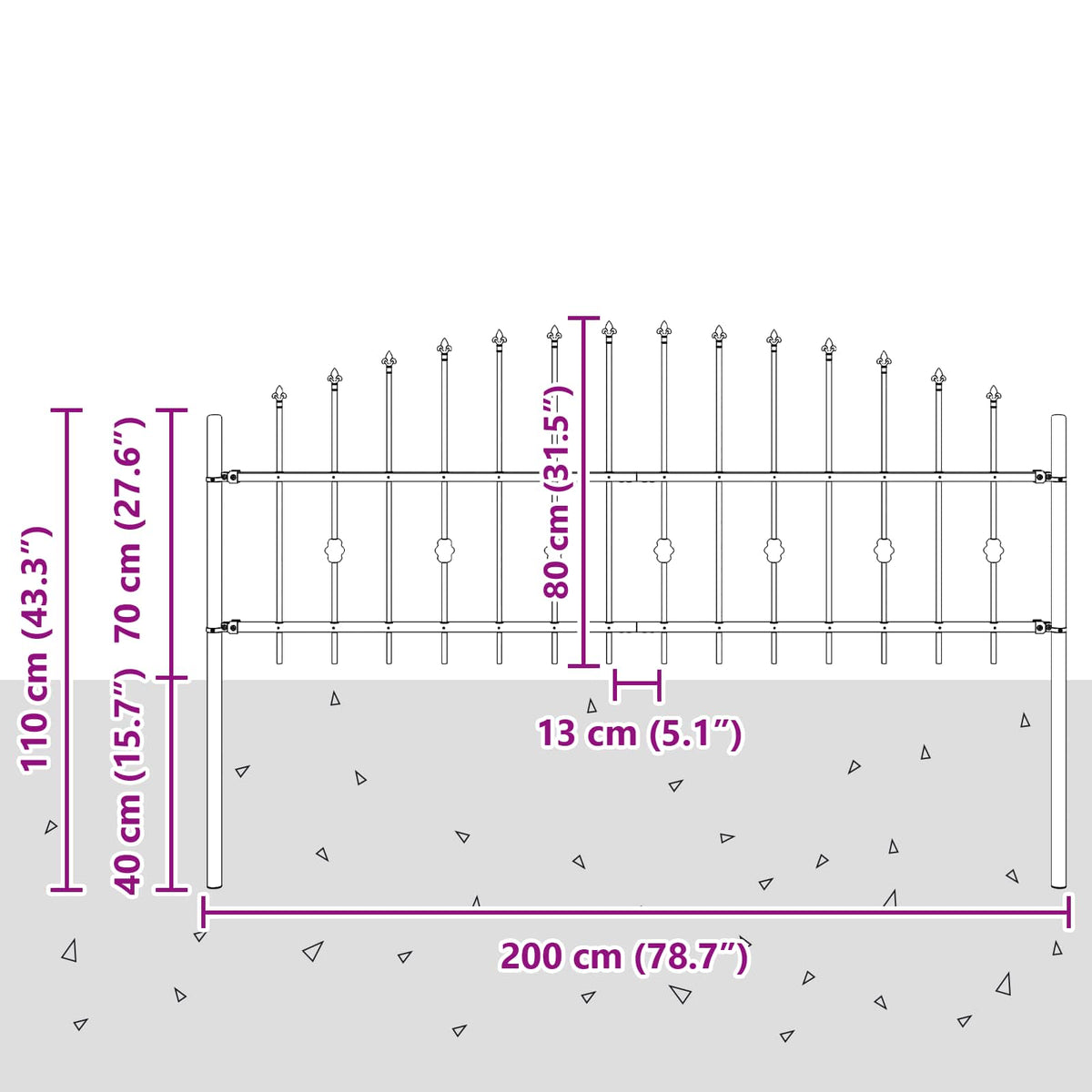 Spießzaun ASTEN 200 x 80 cm Pulverbeschichteter Stahl Schwarz