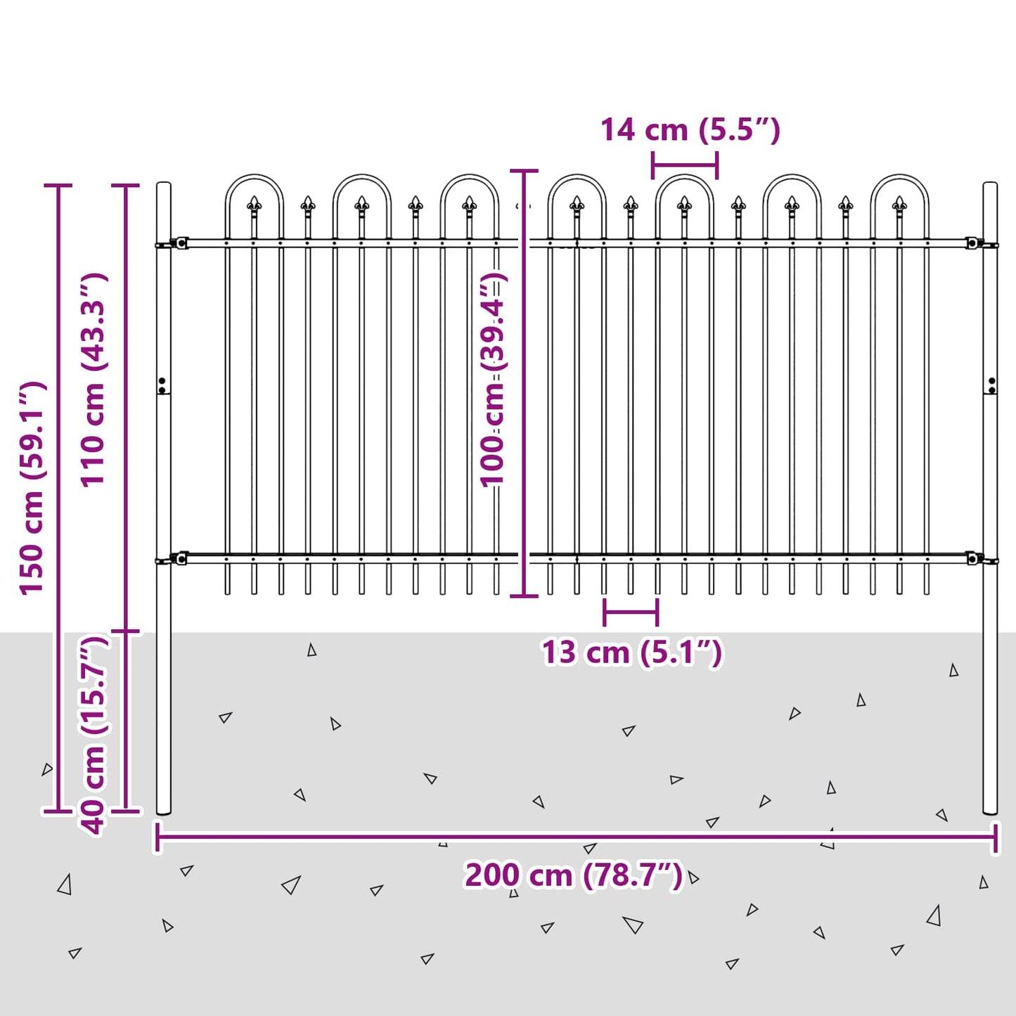 Spitzenbogenzaun DRONTEN 200 x 150 cm Pulverbeschichteter Stahl