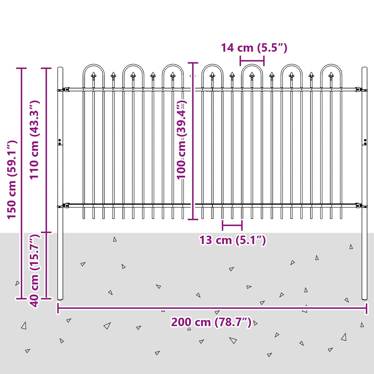 Spitzenbogenzaun DRONTEN 200 x 100 cm Pulverbeschichteter Stahl