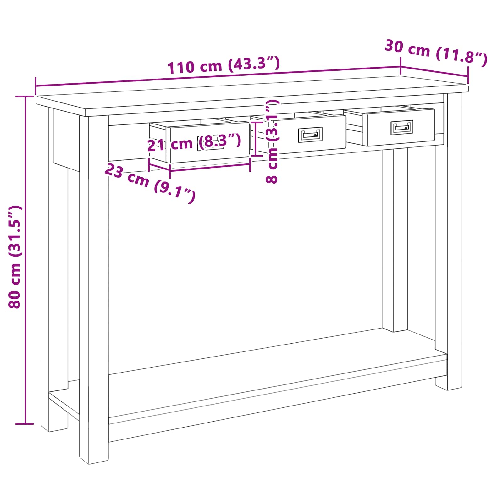 Konsolentisch Natur 110 x 30 x 80 cm Massivholz Teak