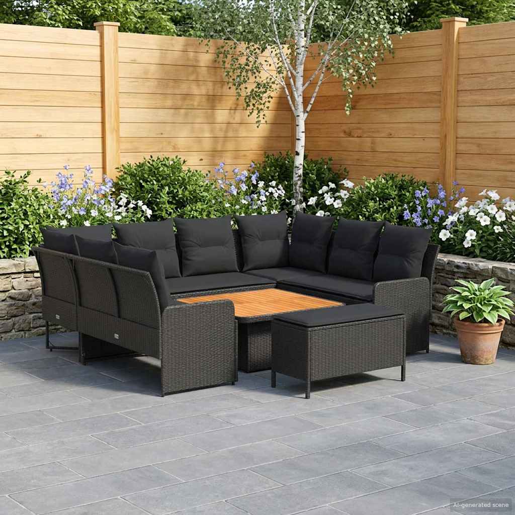 Möbelsets mit Kissen 7 pcs Schwarz PE-Rattan