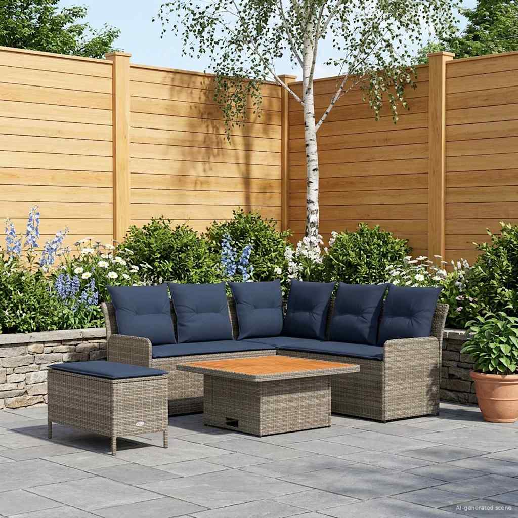 Möbelsets mit Kissen 5 pcs Grau und Marineblau PE-Rattan