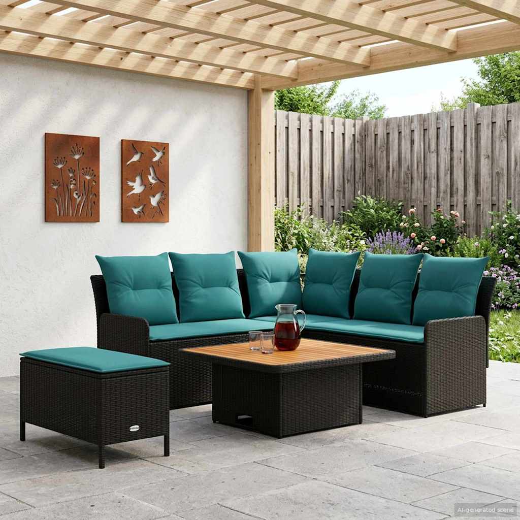 Möbelsets mit Kissen 5 pcs Schwarz und Türkis PE-Rattan