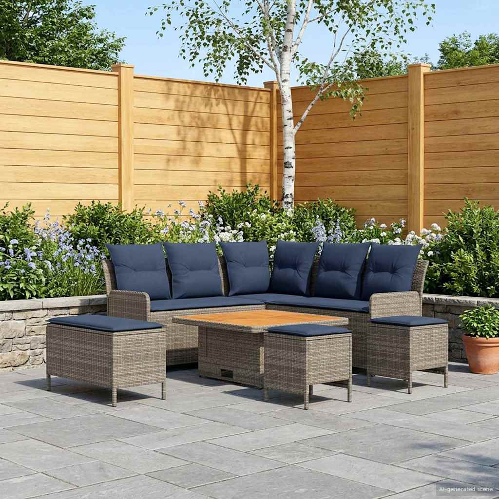 Möbelsets mit Kissen 7 pcs Grau und Marineblau PE-Rattan