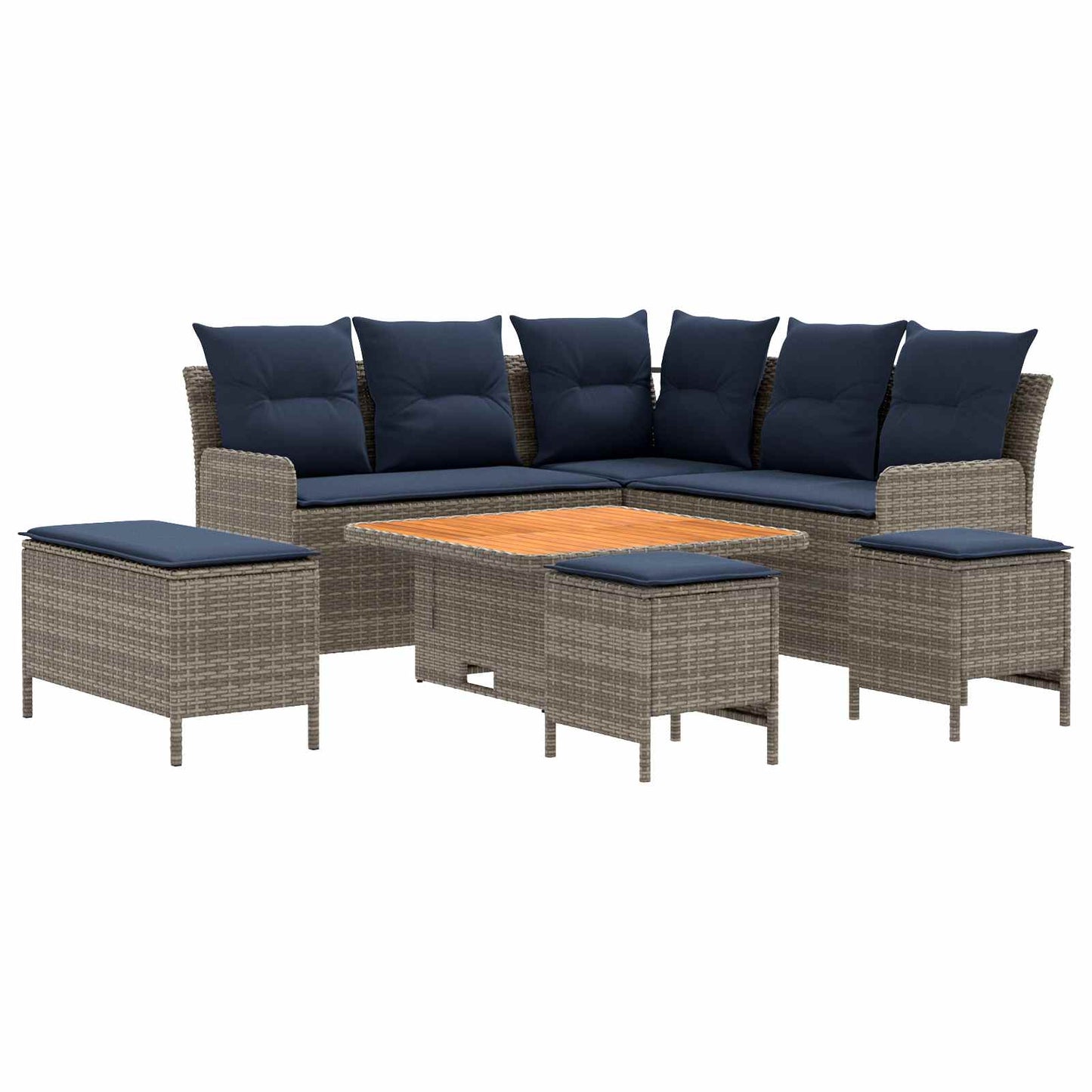 Möbelsets mit Kissen 7 pcs Grau und Marineblau PE-Rattan