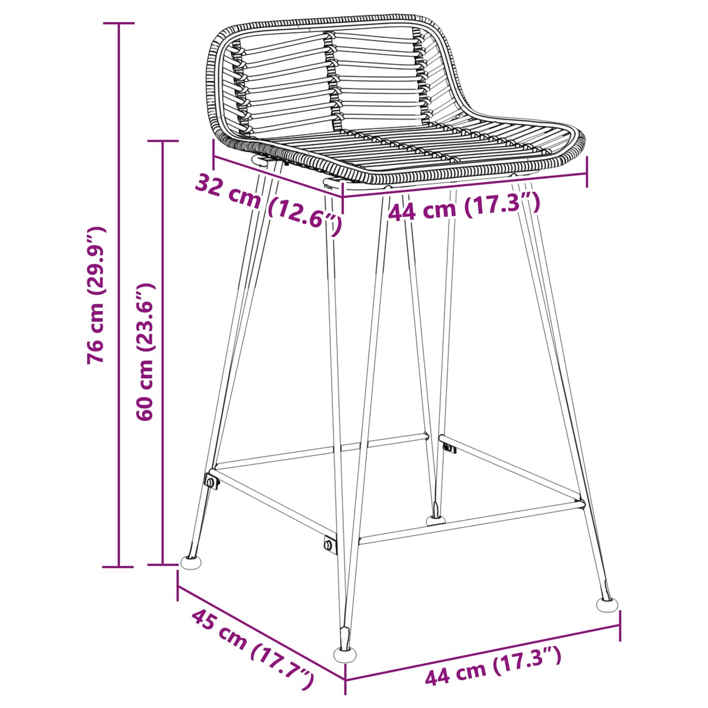 Barhocker 2 stk. Natur 44 x 45 x 76 cm Rattan und Stahl
