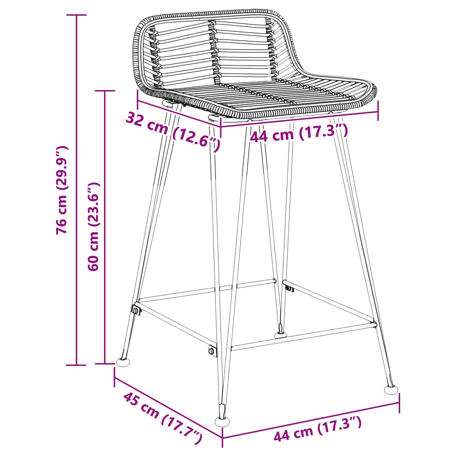 Barhocker 2 stk. Natur 44 x 45 x 76 cm Rattan und Stahl