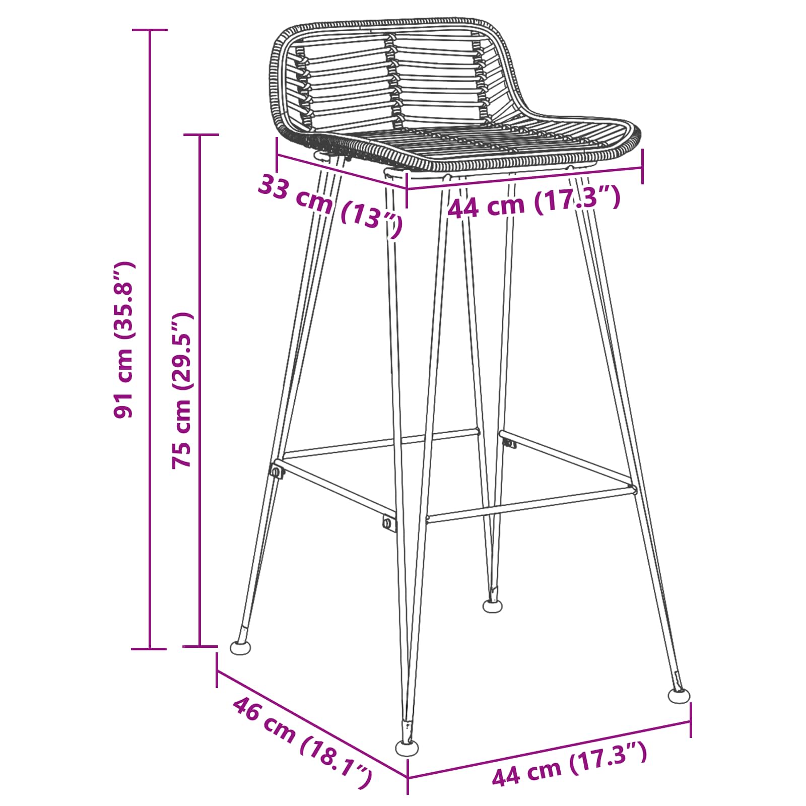 Barstuhl 44 x 46 x 91 cm Stangenstahl Durchmesser, 10mm