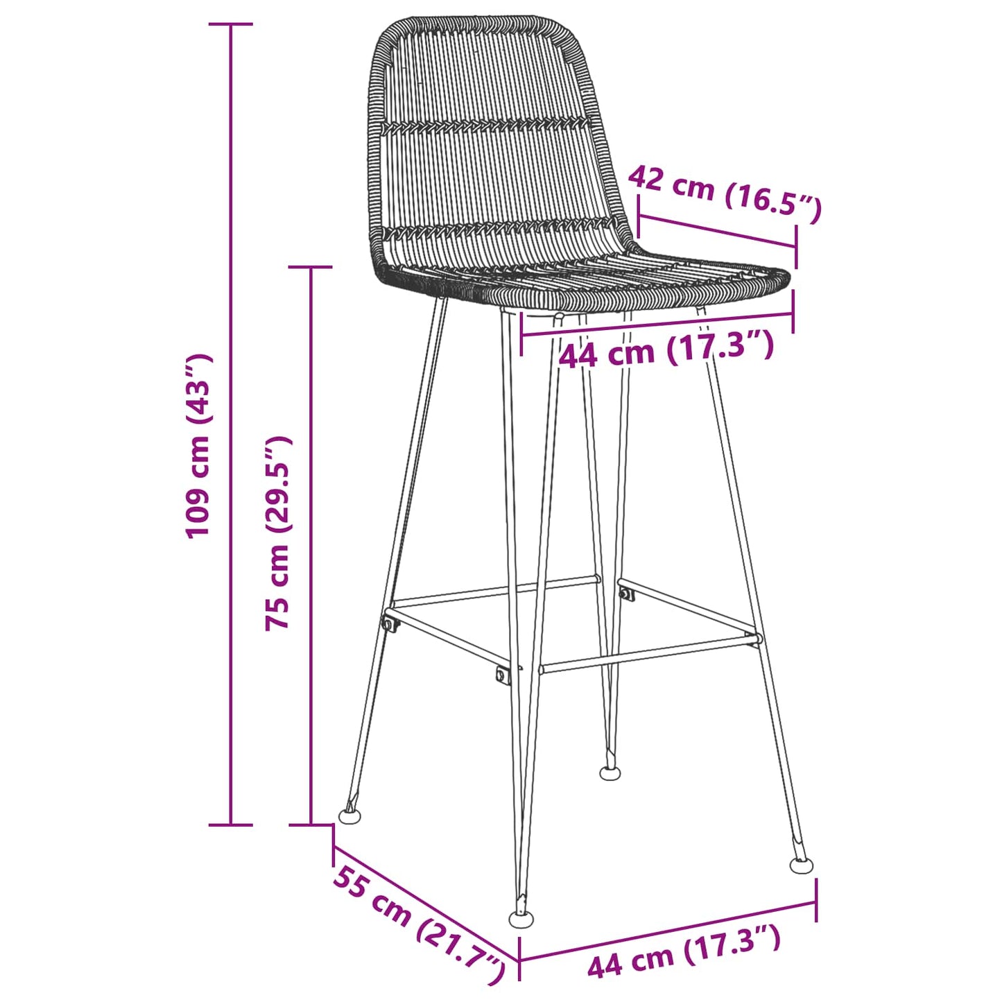 Barhocker 2 stk. Natur 44 x 55 x 109 cm Rattan und Stahl
